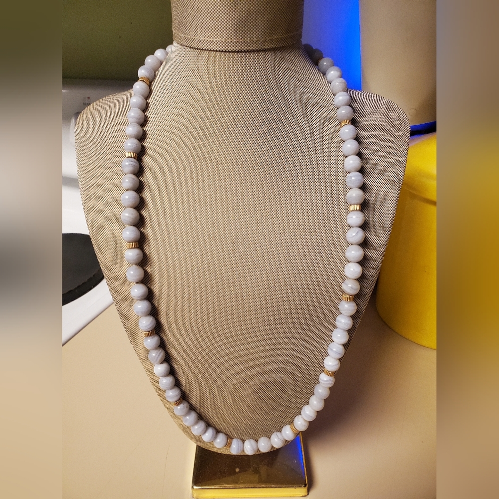 Blue Agate Stone Bead 28 Inch Necklace